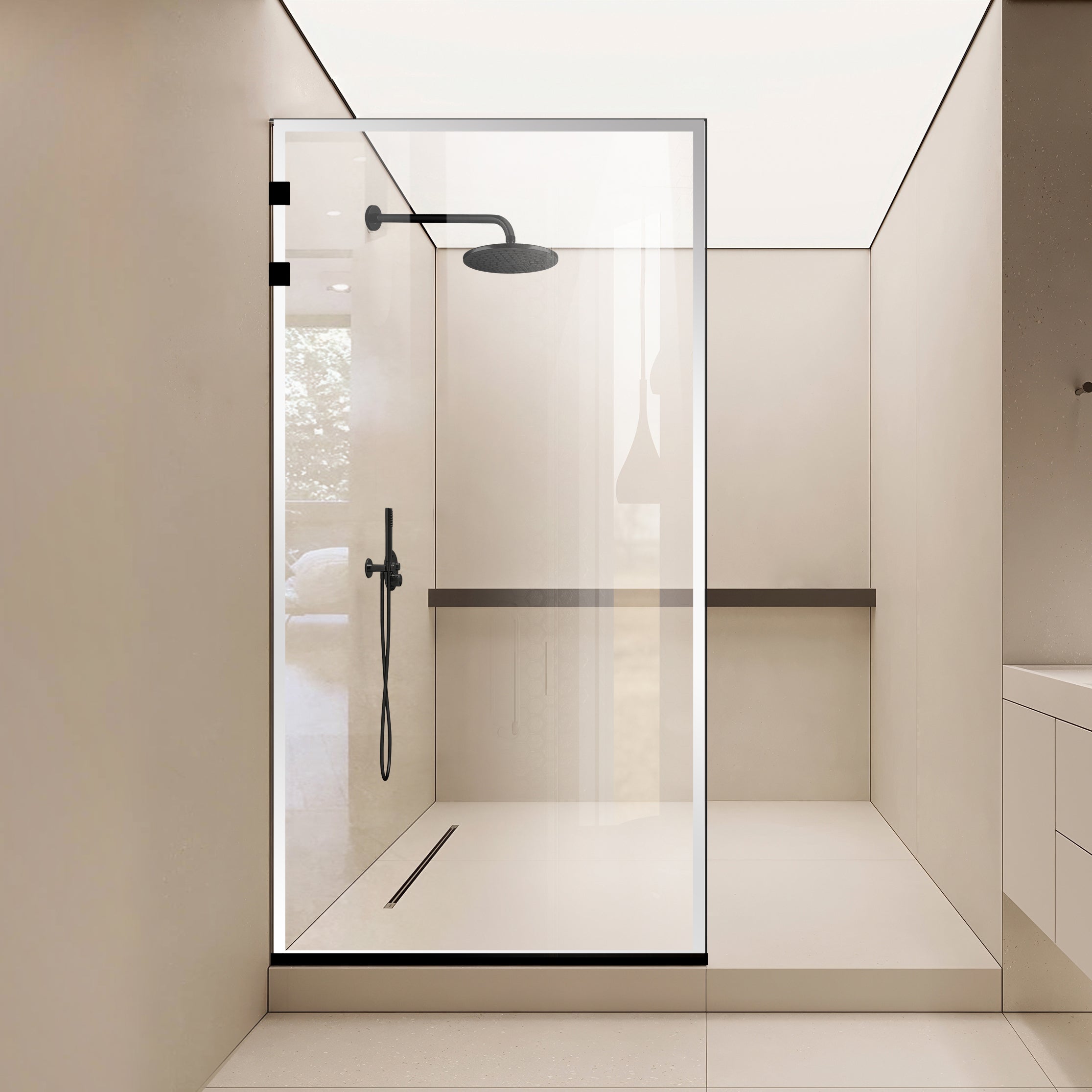 Zuhanyfal Walk-in, Rozsdamentes acél zuhanyfal, matt fekete, #Átlátszó #Víztiszta