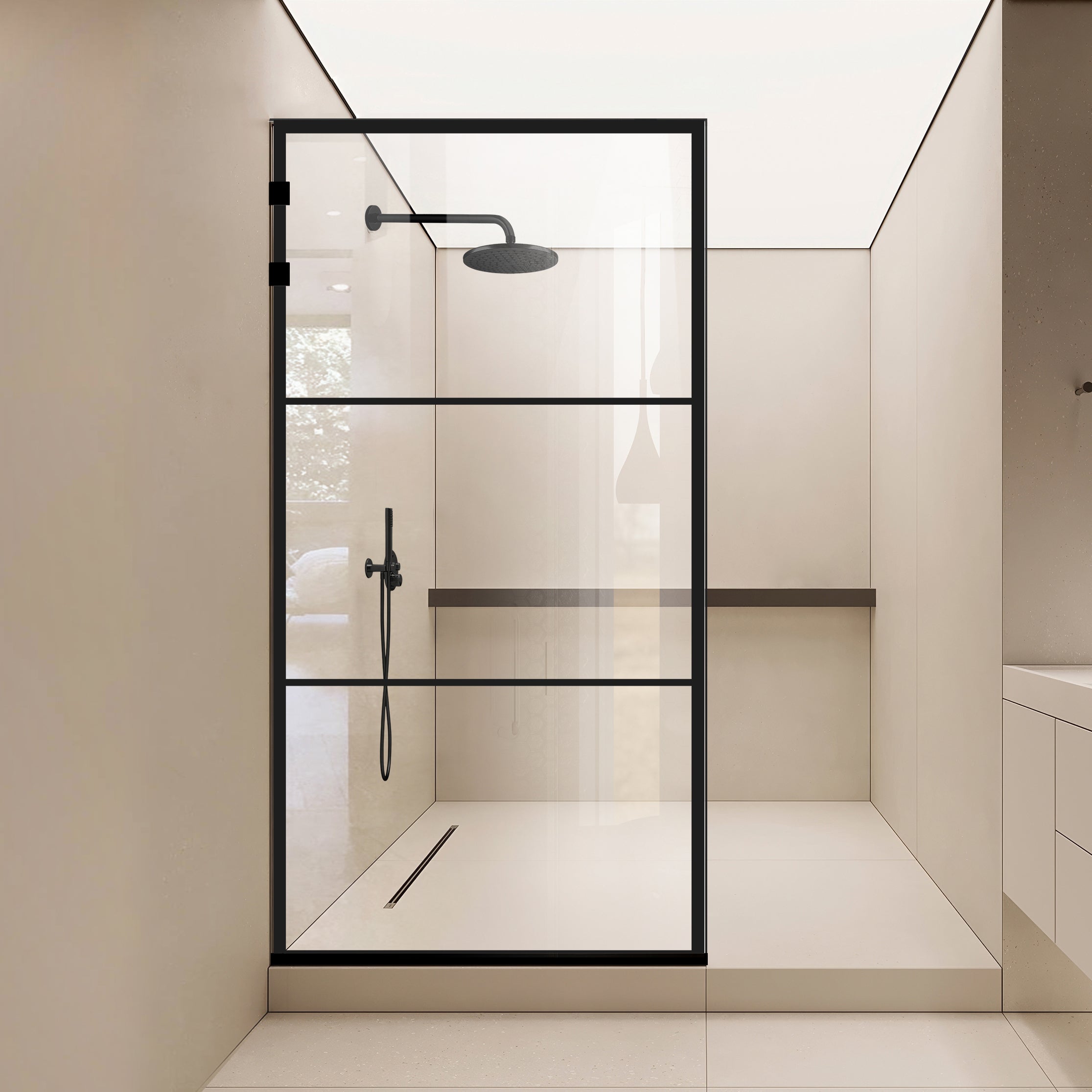 Zuhanyfal Walk-in, Rozsdamentes acél zuhanyfal, matt fekete, #Átlátszó #Víztiszta