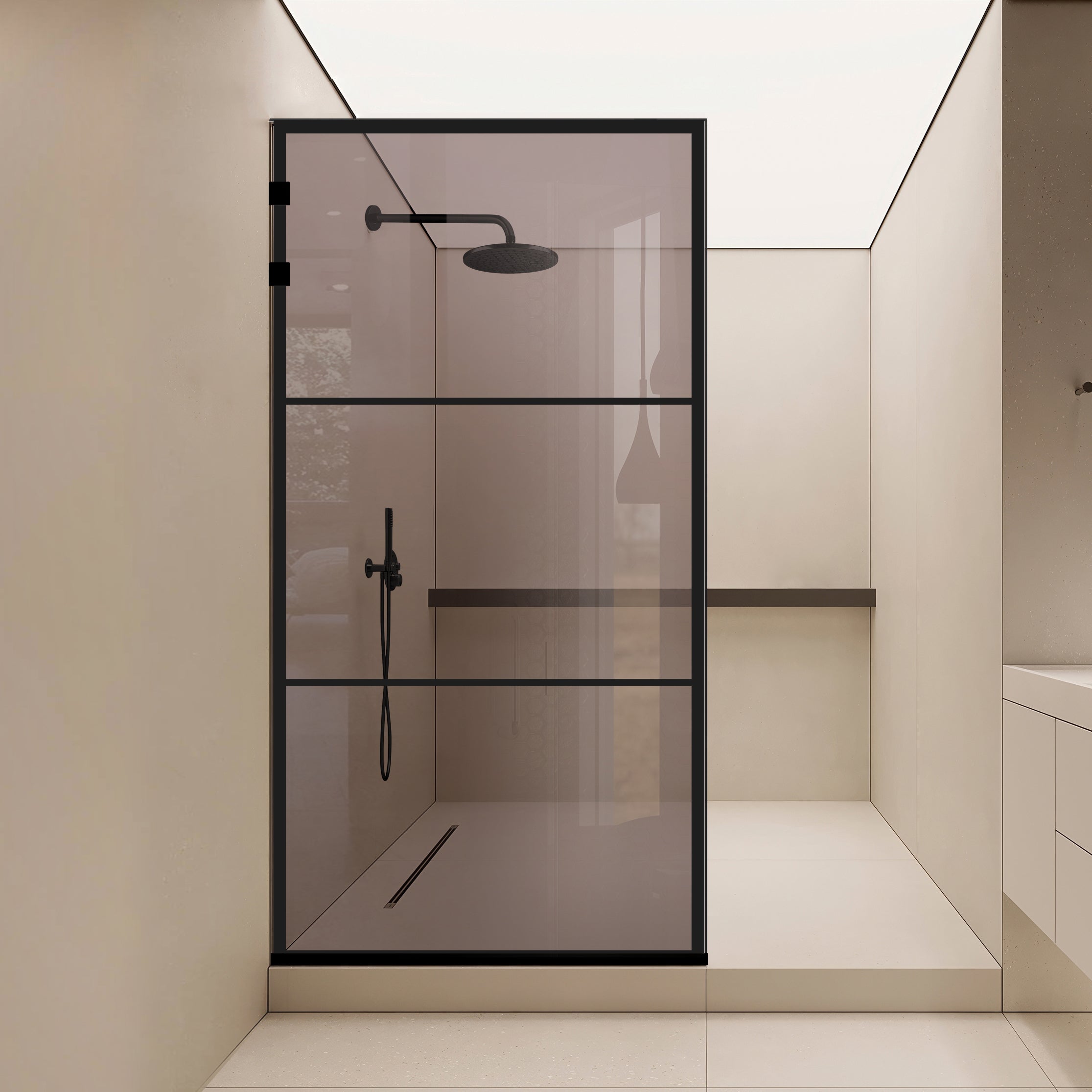 Zuhanyfal Walk-in, Rozsdamentes acél zuhanyfal, matt fekete #Bronz