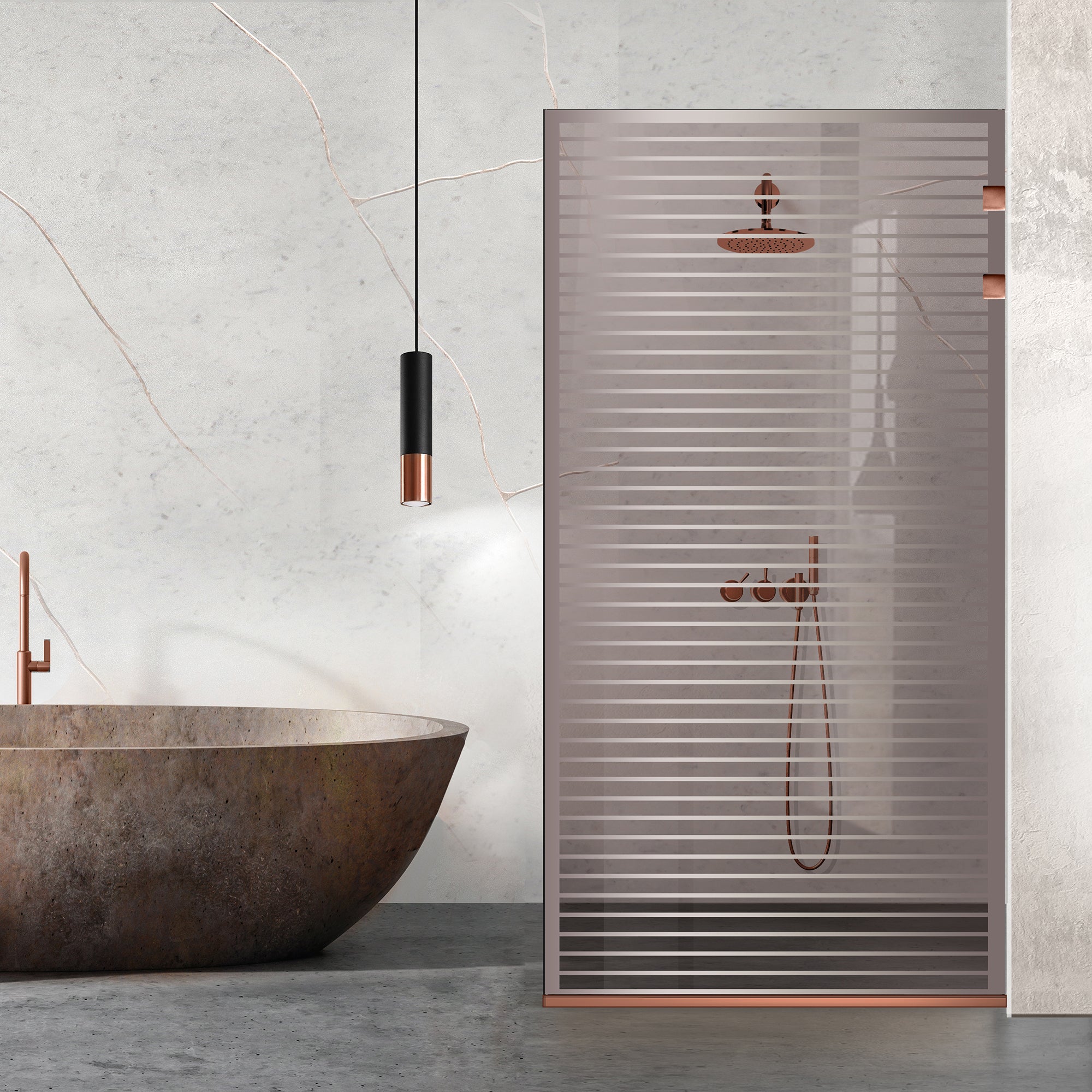 Aqua Elegance ® Copper walk-in zuhanyparaván, Moris incolor modell, teljes réz színű rozsdamentes acél szerelvények, edzett üveg