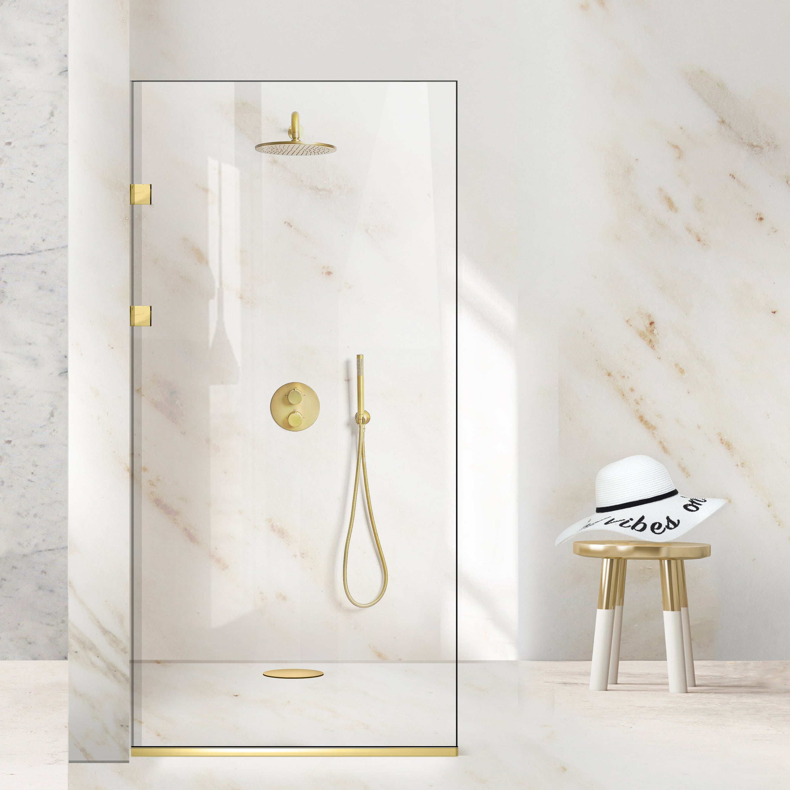 Zuhanyfal Walk-in, Rozsdamentes acél zuhanyfal, aranyszínű, #Átlátszó #Víztiszta