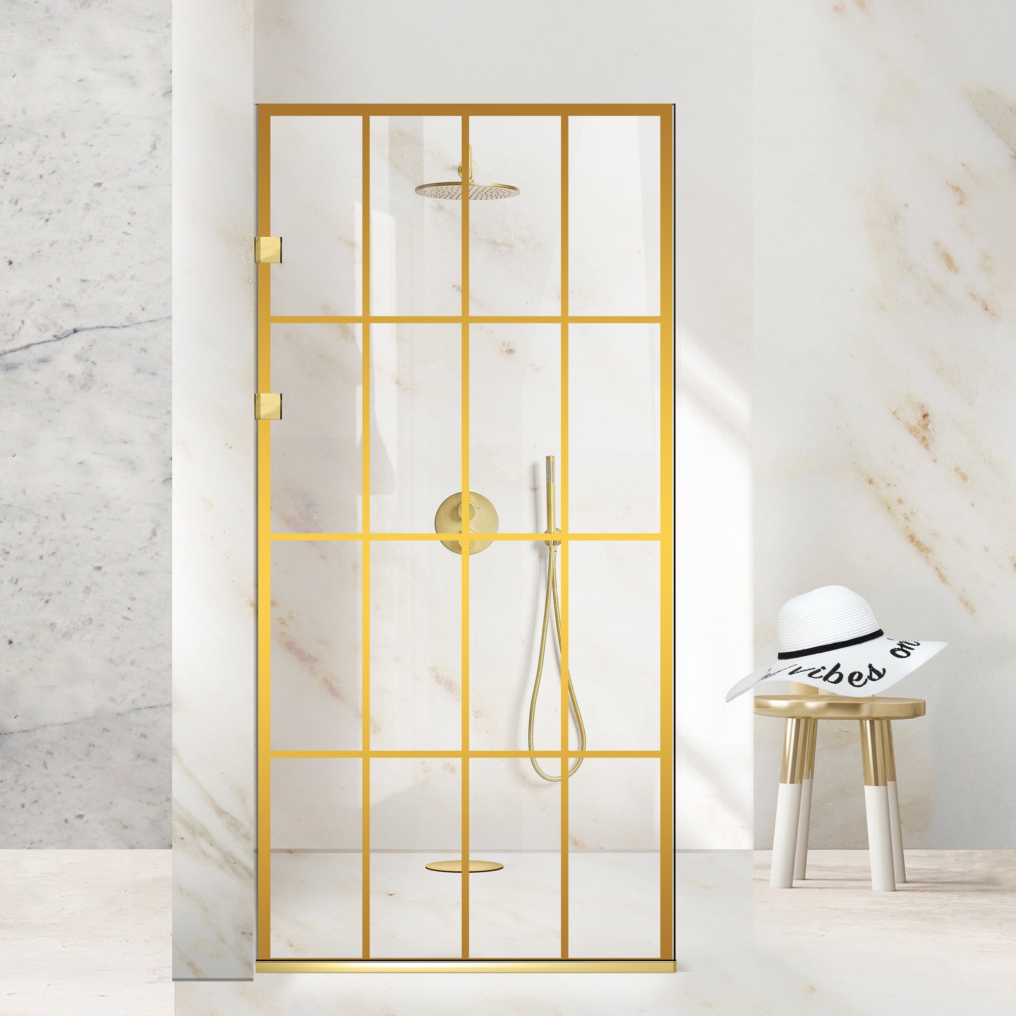 Zuhanyfal Walk-in, Rozsdamentes acél zuhanyfal, aranyszínű, #Átlátszó #Víztiszta