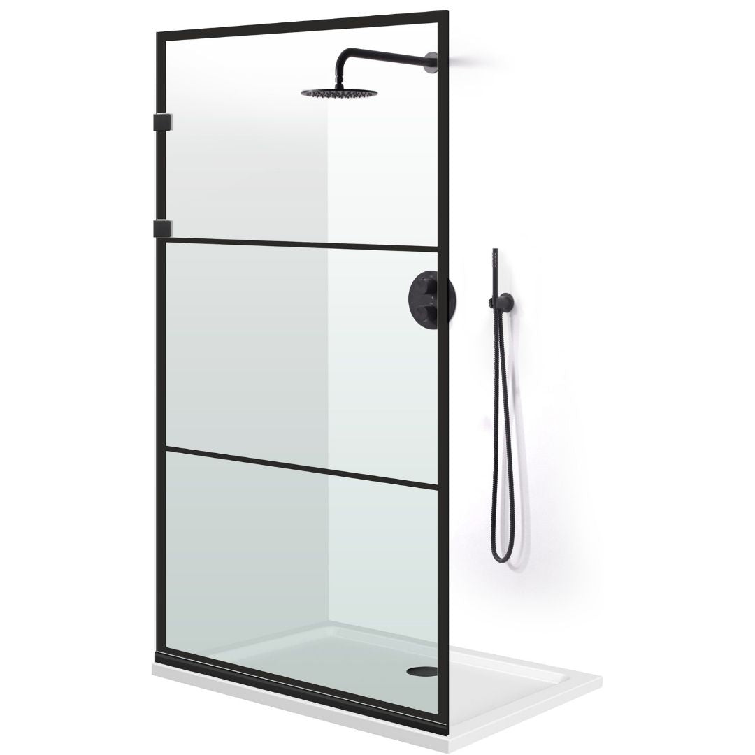 Zuhanyfal Walk-in, Rozsdamentes acél zuhanyfal, matt fekete, #Átlátszó #Víztiszta