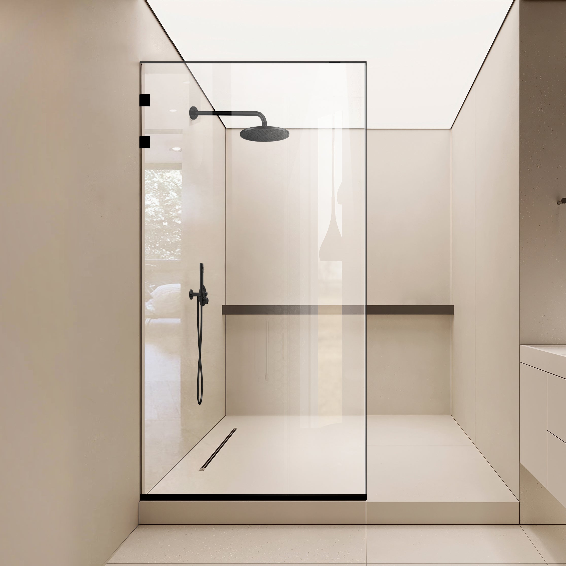 Zuhanyfal Walk-in, Rozsdamentes acél zuhanyfal, matt fekete, #Átlátszó #Víztiszta