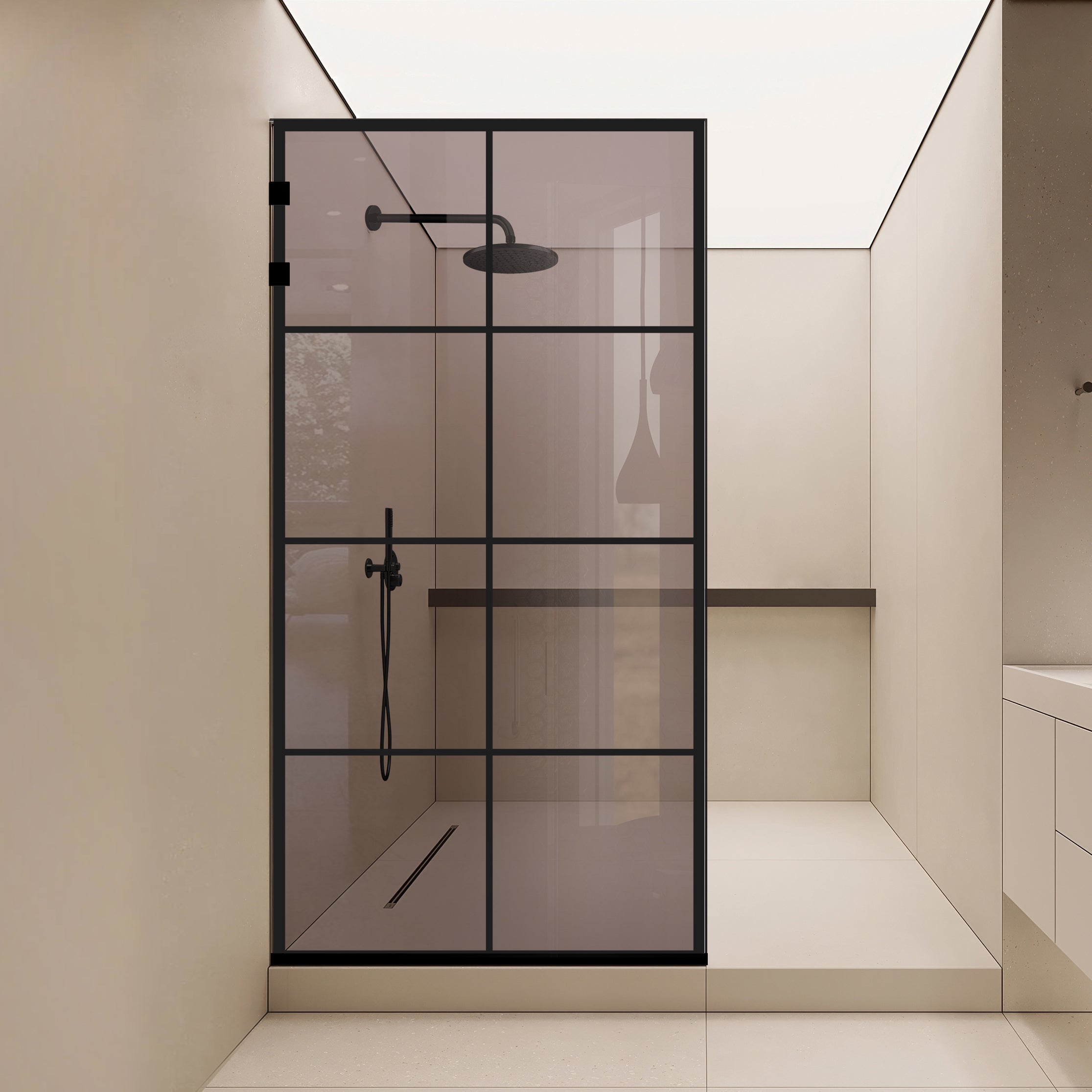 Zuhanyfal Walk-in, Rozsdamentes acél zuhanyfal, matt fekete #Bronz