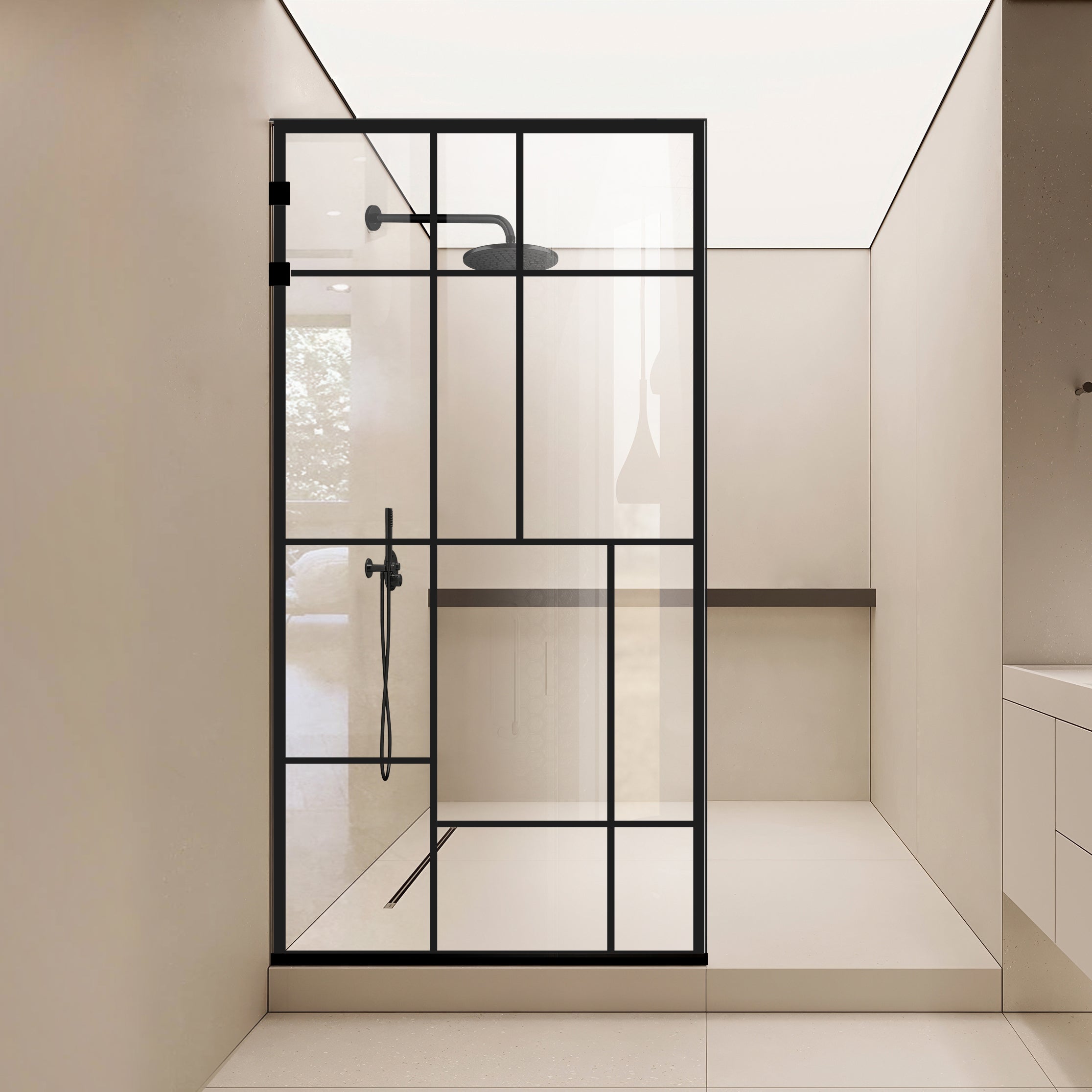 Zuhanyfal Walk-in, Rozsdamentes acél zuhanyfal, matt fekete, #Átlátszó #Víztiszta