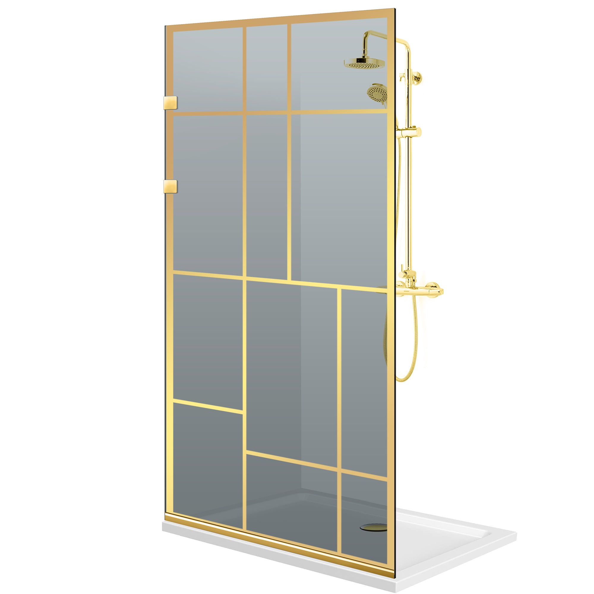 Aqua Elegance ® Gold walk-in zuhanyfal, Urban arany modell, teljes arany rozsdamentes szerelvény, edzett üveg