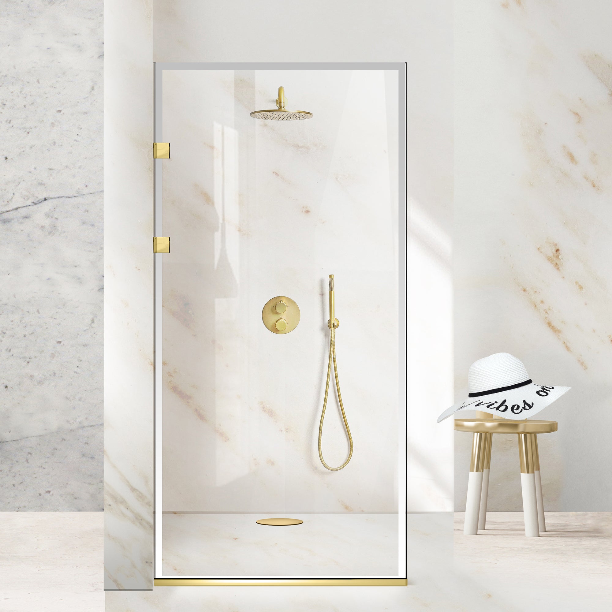 Zuhanyfal Walk-in, Rozsdamentes acél zuhanyfal, aranyszínű, #Átlátszó #Víztiszta