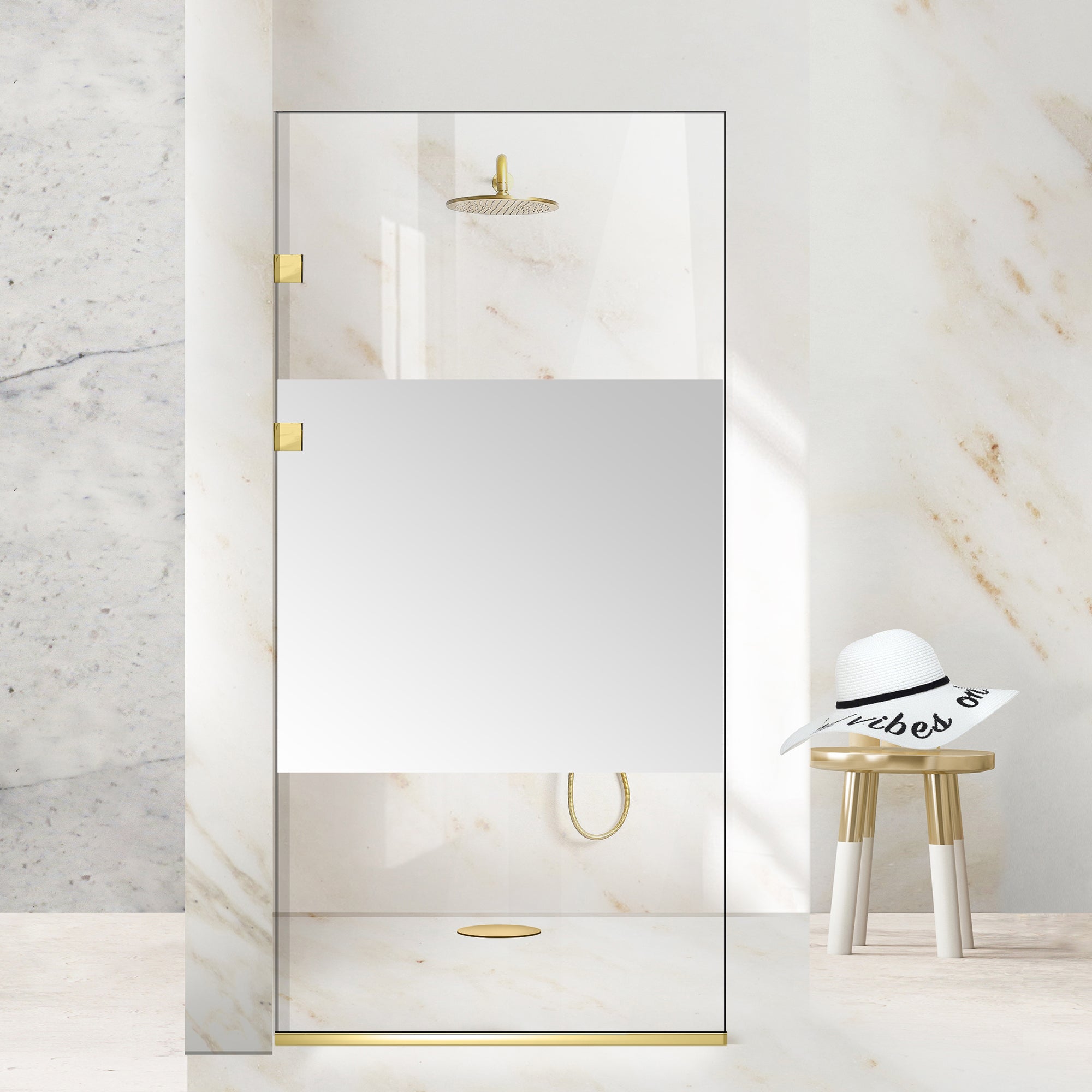 Zuhanyfal Walk-in, Rozsdamentes acél zuhanyfal, aranyszínű, #Átlátszó #Víztiszta
