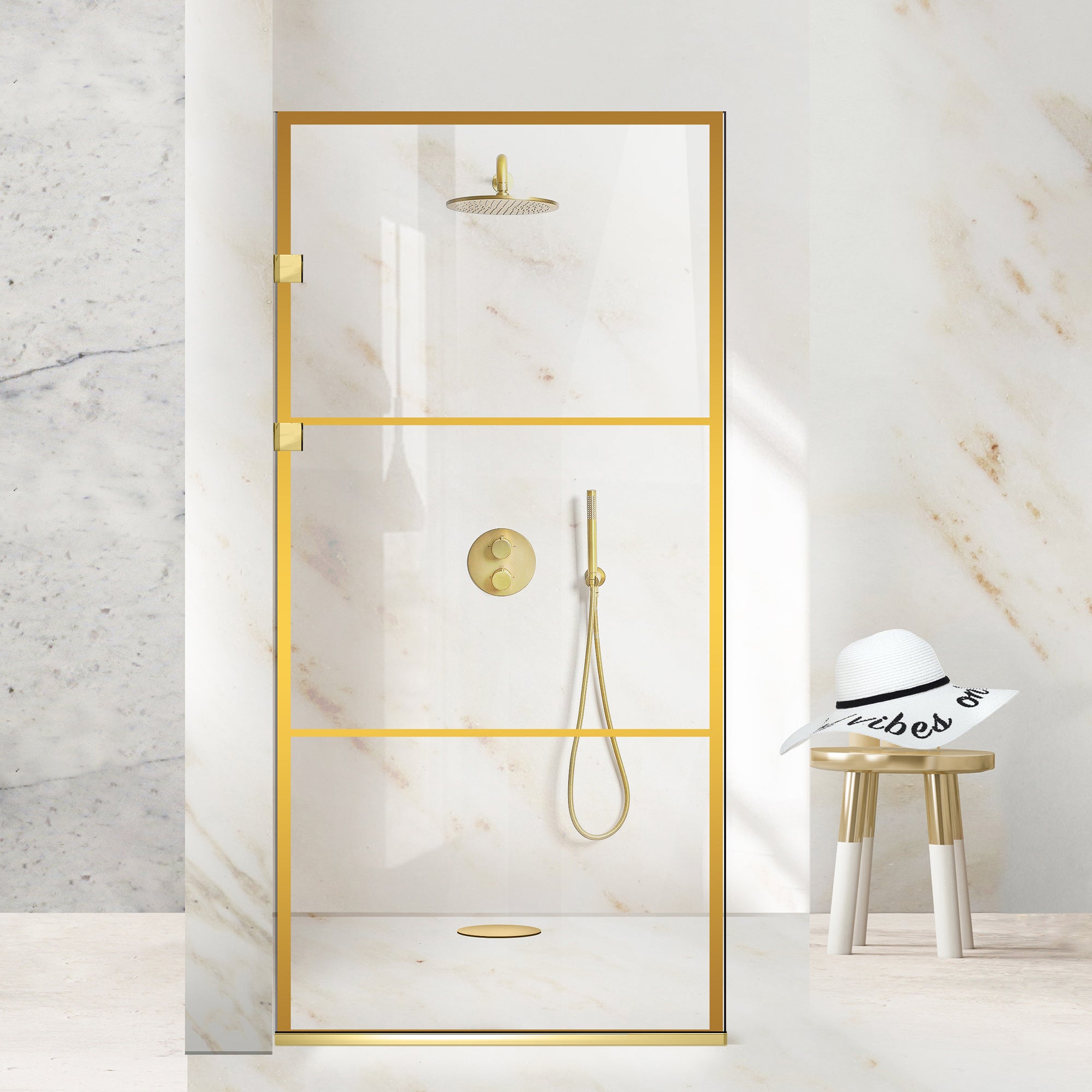 Zuhanyfal Walk-in, Rozsdamentes acél zuhanyfal, aranyszínű, #Átlátszó #Víztiszta
