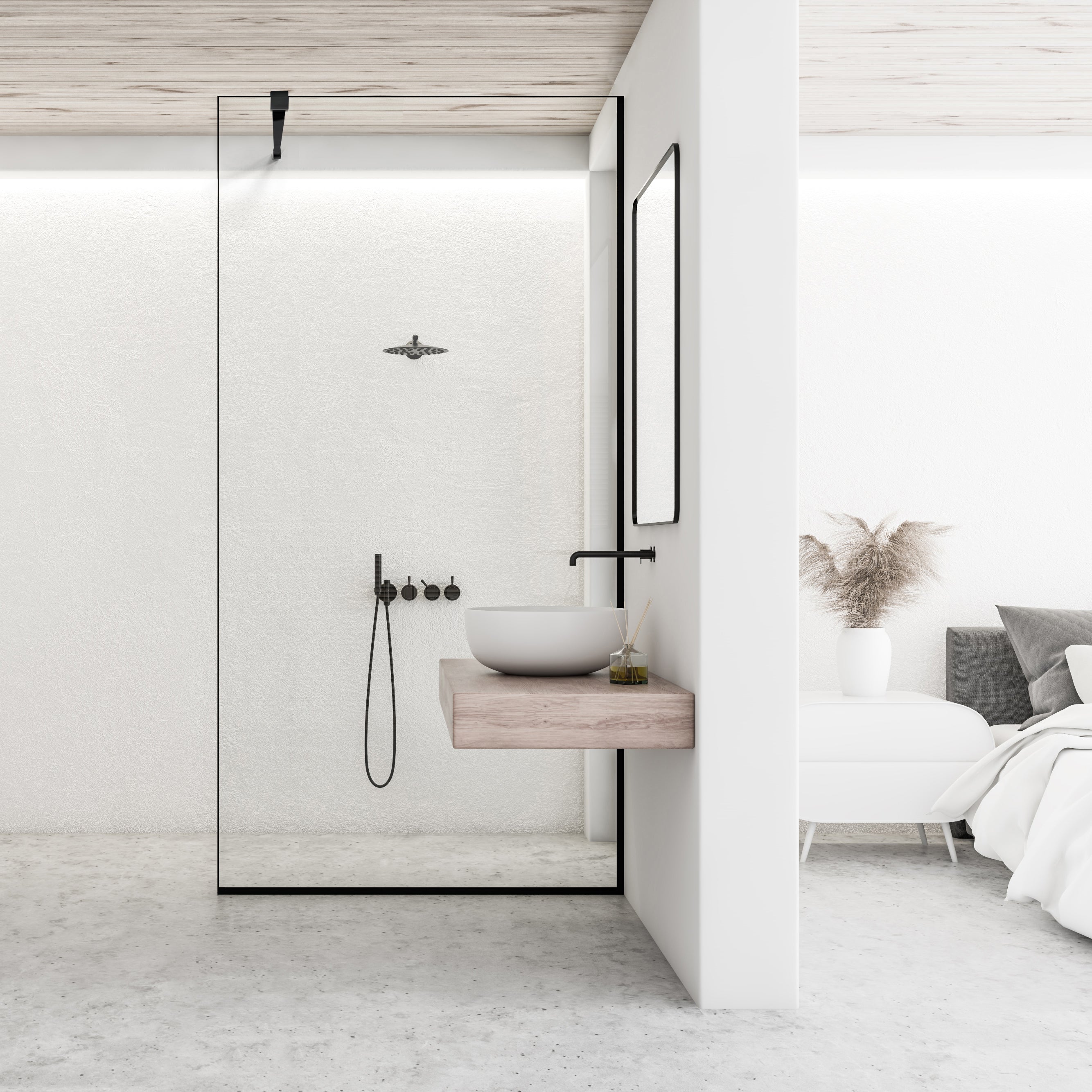 Zuhanyfal Walk-in, fekete zuhanyfal, #Átlátszó #Víztiszta