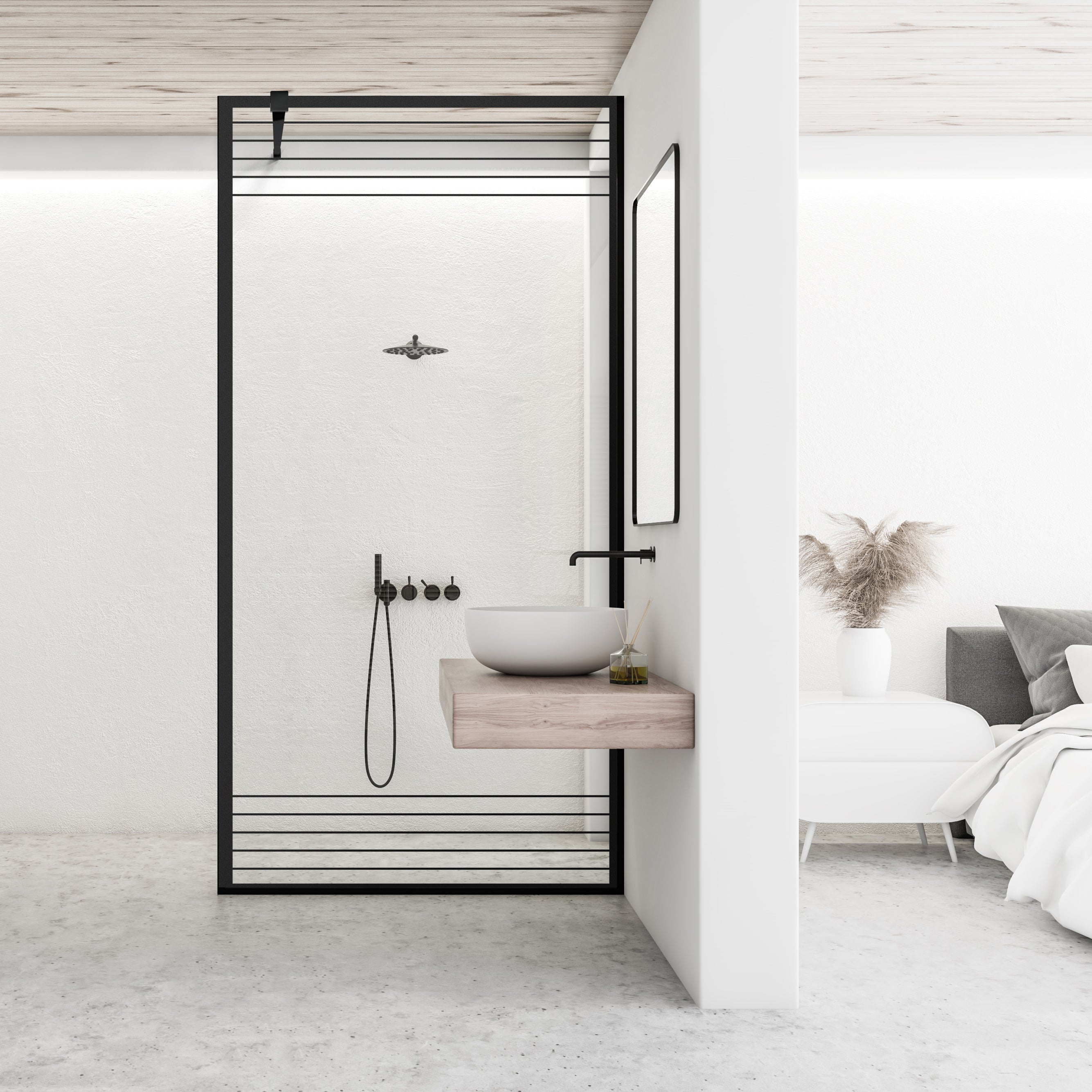 Zuhanyfal Walk-in, fekete zuhanyfal, #Átlátszó #Víztiszta
